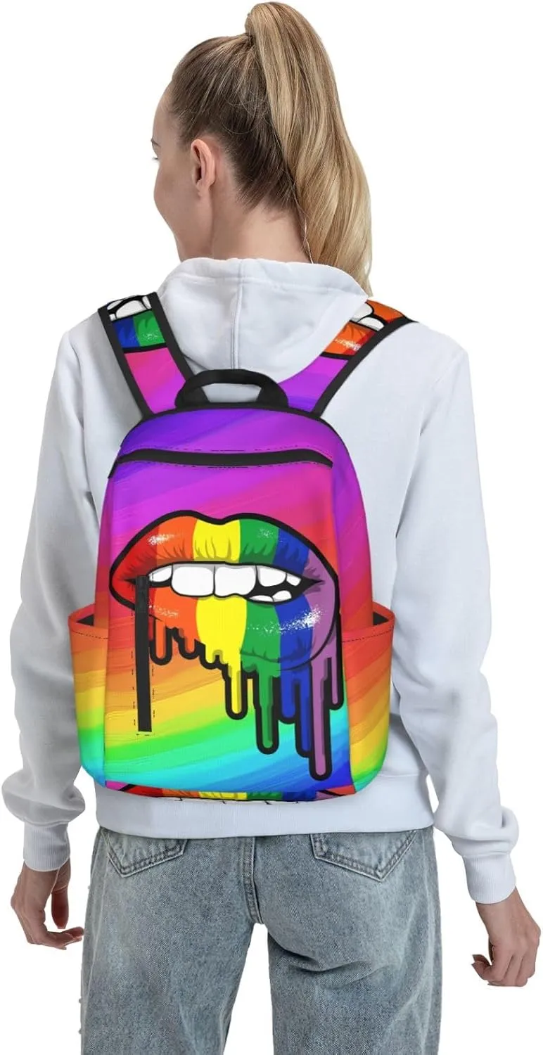 Rainbow Lip Drip Lesbian Gay Pride Bisexual Travel Laptop Backpack Casual Backpacks Double Shoulder Daypack Notebook Rucksack Work Bags Sports Bag for Gym Hiking Camping Beach
