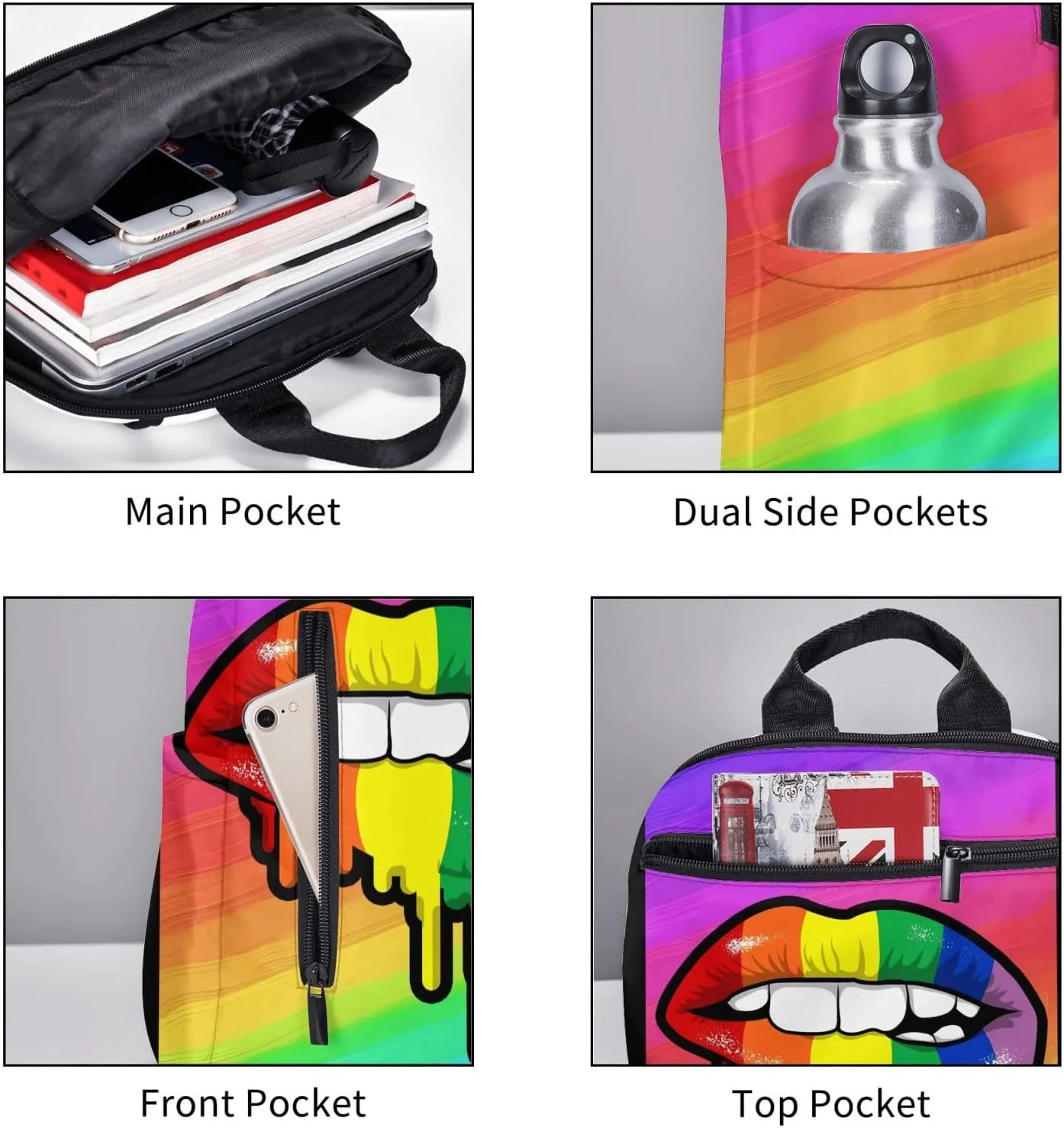 Rainbow Lip Drip Lesbian Gay Pride Bisexual Travel Laptop Backpack Casual Backpacks Double Shoulder Daypack Notebook Rucksack Work Bags Sports Bag for Gym Hiking Camping Beach