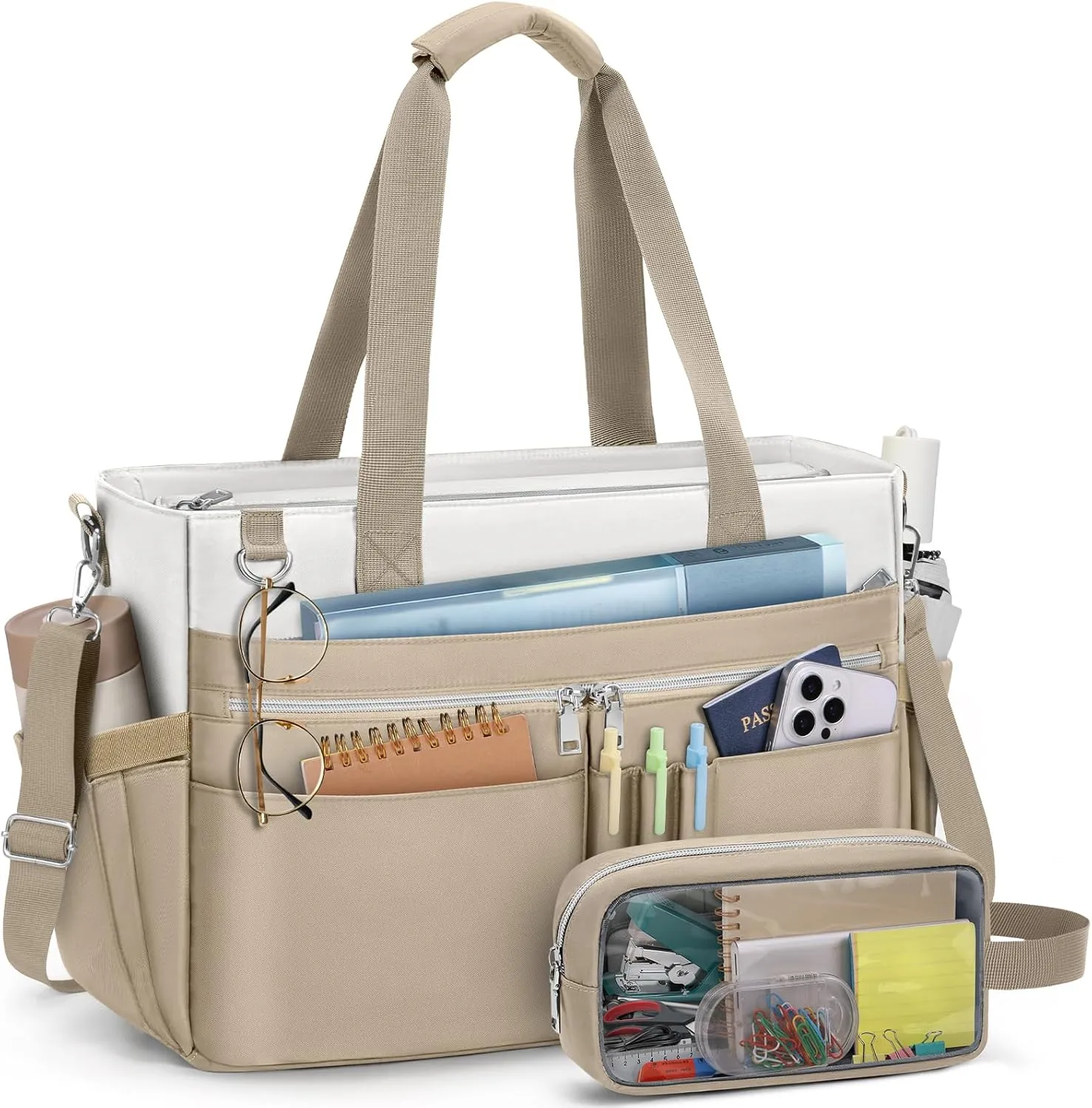 RAINSMORE Teacher Tote Bag for Women 15.6 Inch Laptop Briefcase with Clutch Bag, Nurse Bags Professional Work Handbag for Office College Nursing, Utility Tote Messenger Shoulder Bag, White And khaki