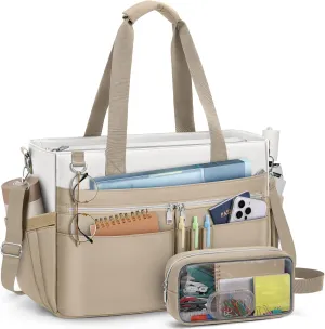 RAINSMORE Teacher Tote Bag for Women 15.6 Inch Laptop Briefcase with Clutch Bag, Nurse Bags Professional Work Handbag for Office College Nursing, Utility Tote Messenger Shoulder Bag, White And khaki