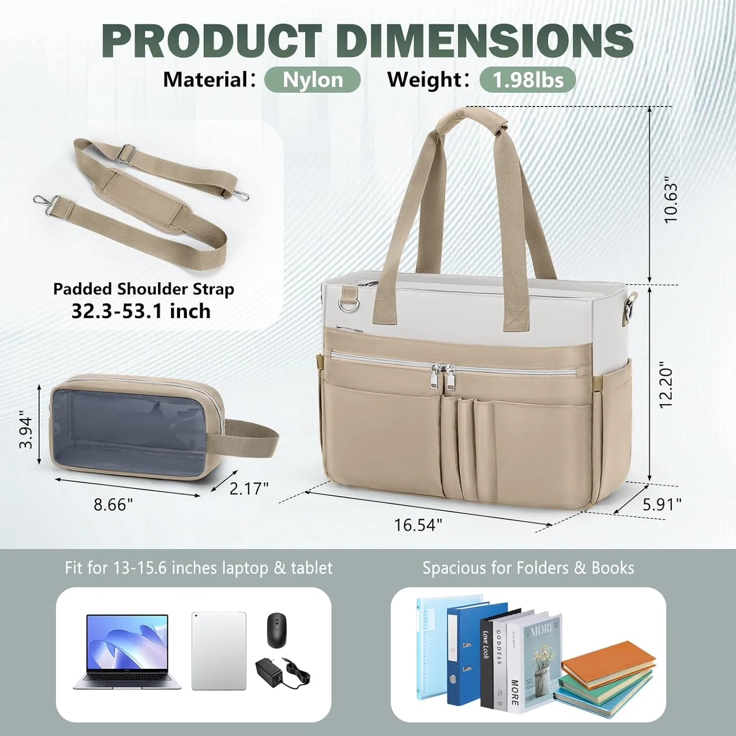 RAINSMORE Teacher Tote Bag for Women 15.6 Inch Laptop Briefcase with Clutch Bag, Nurse Bags Professional Work Handbag for Office College Nursing, Utility Tote Messenger Shoulder Bag, White And khaki