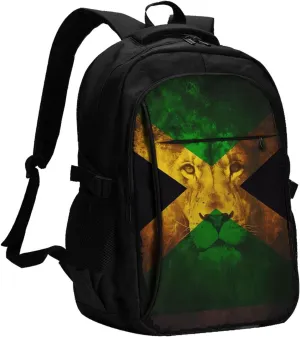 Reggae Music Lion Jamaican Flag Casual Travel Backpacks Hiking Camping Backpack Large Outdoor Sport Daypack Laptop Rucksack Climbing Working Bags with USB Port