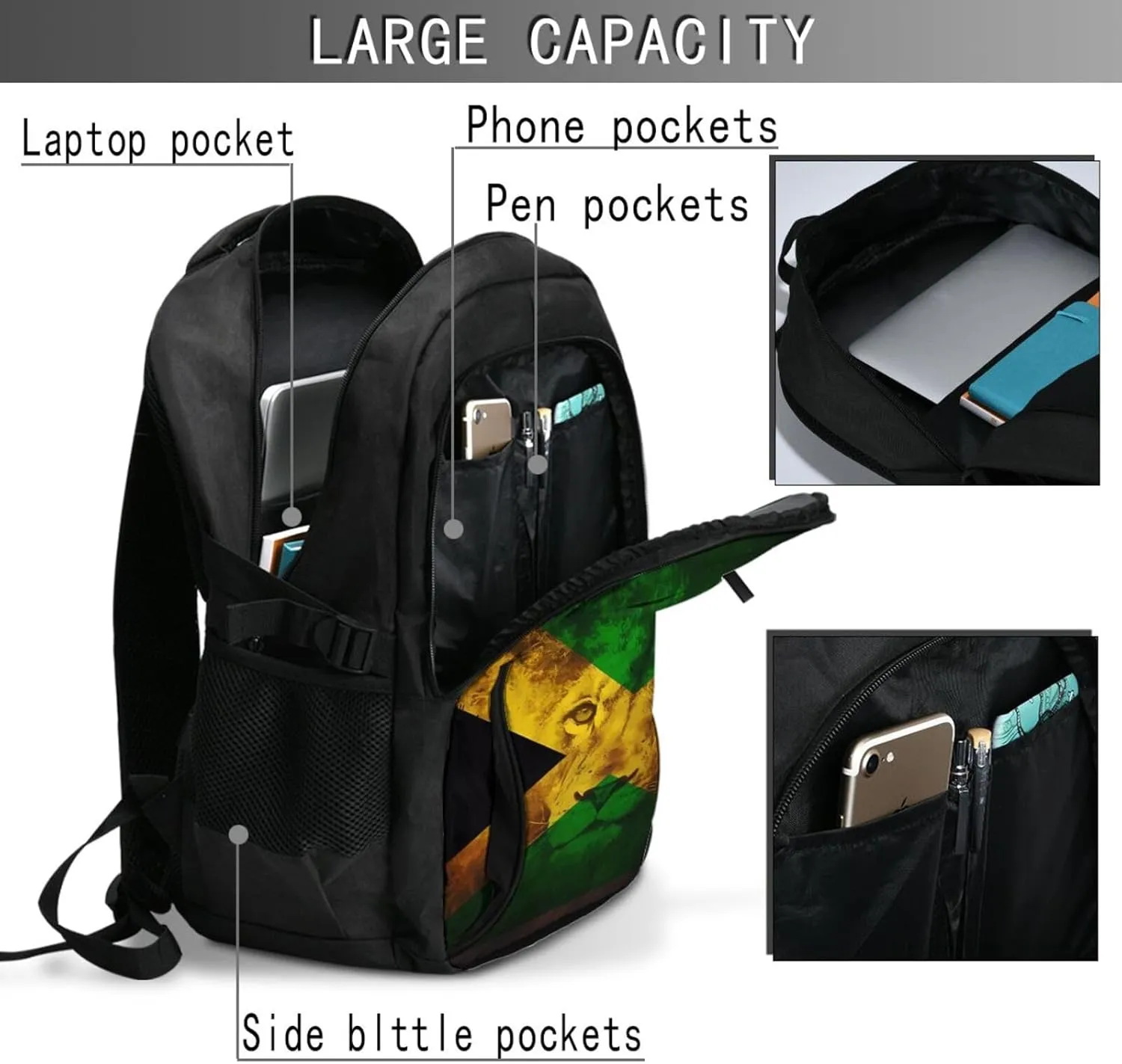 Reggae Music Lion Jamaican Flag Casual Travel Backpacks Hiking Camping Backpack Large Outdoor Sport Daypack Laptop Rucksack Climbing Working Bags with USB Port