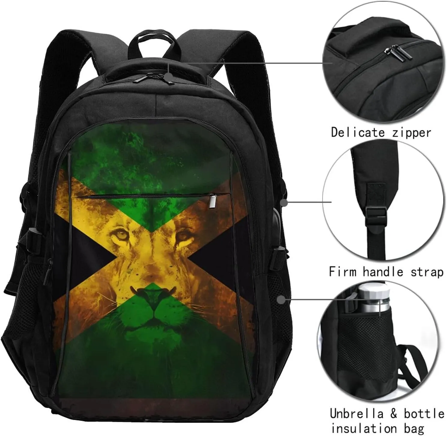 Reggae Music Lion Jamaican Flag Casual Travel Backpacks Hiking Camping Backpack Large Outdoor Sport Daypack Laptop Rucksack Climbing Working Bags with USB Port