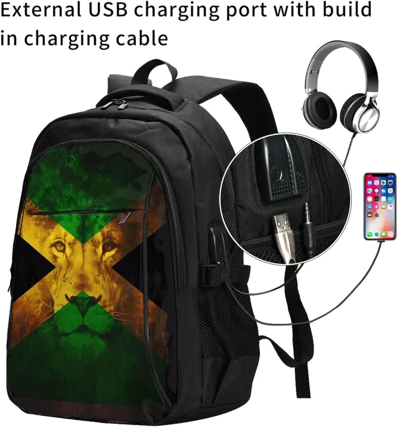 Reggae Music Lion Jamaican Flag Casual Travel Backpacks Hiking Camping Backpack Large Outdoor Sport Daypack Laptop Rucksack Climbing Working Bags with USB Port