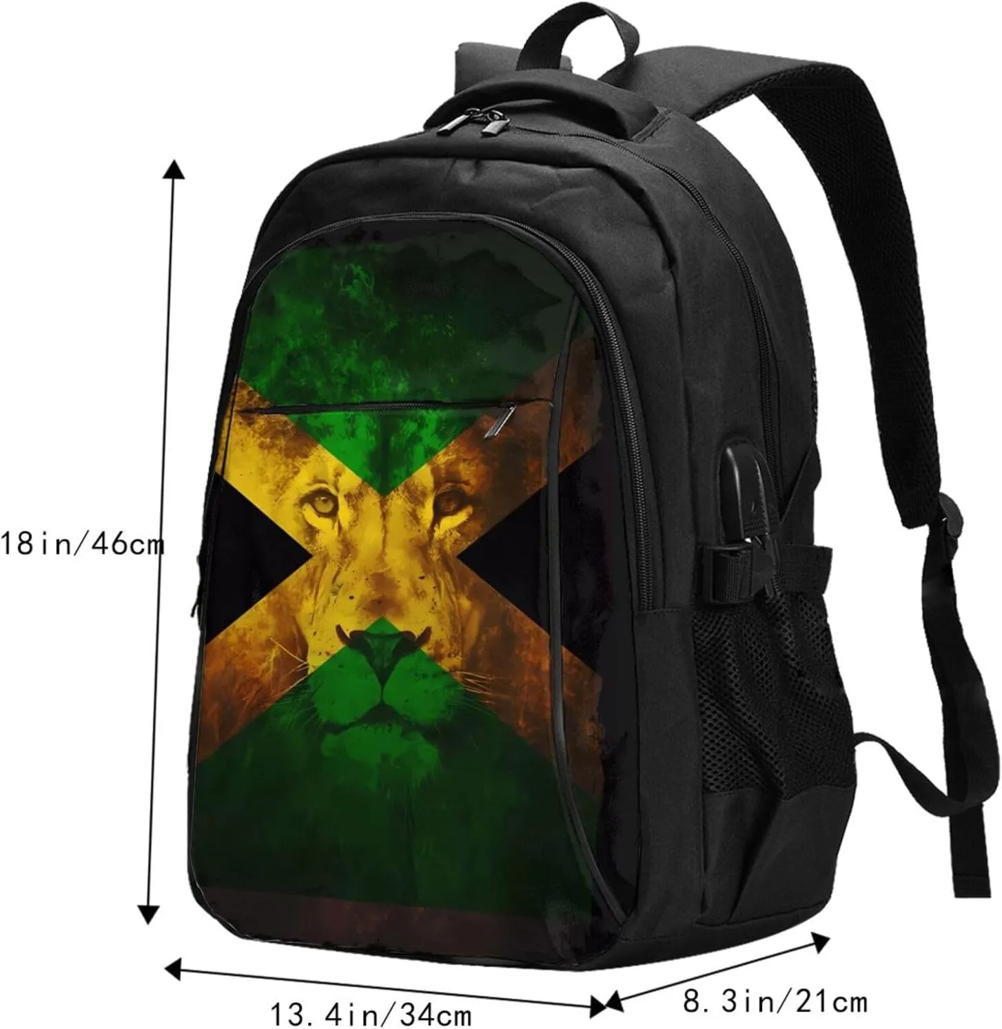 Reggae Music Lion Jamaican Flag Casual Travel Backpacks Hiking Camping Backpack Large Outdoor Sport Daypack Laptop Rucksack Climbing Working Bags with USB Port