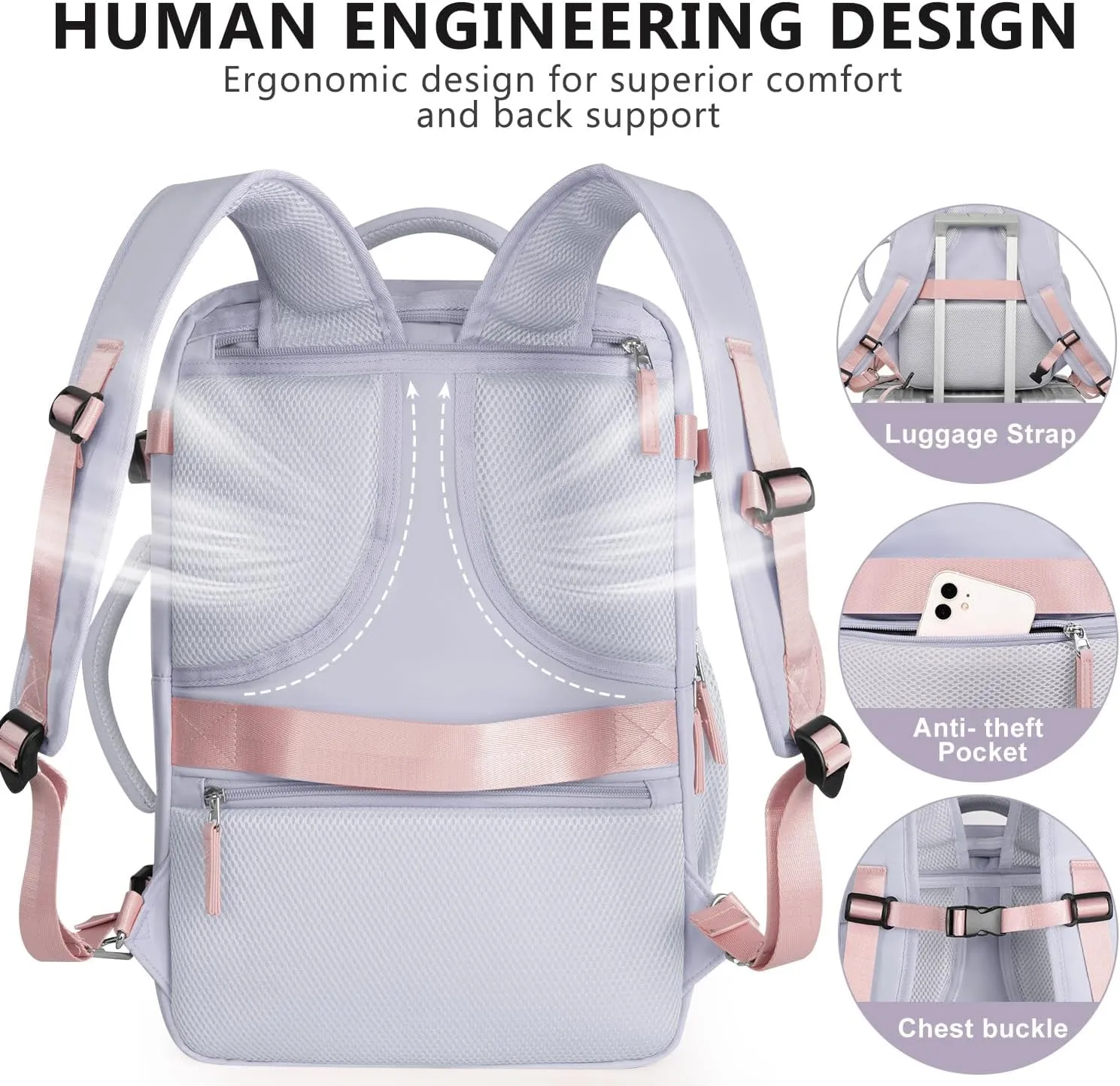 Reliable Travel Backpack Men Women, Carry On Backpack Personal Item Size, Waterproof College Backpack, Business Work Hiking Casual Bag, Fits 17.3" Laptop, Purple&Grey