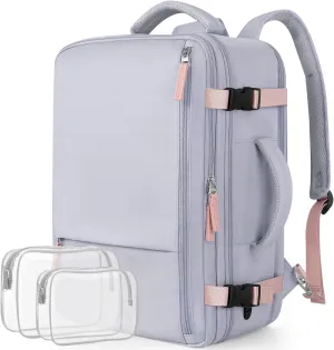 Reliable Travel Backpack Men Women, Carry On Backpack Personal Item Size, Waterproof College Backpack, Business Work Hiking Casual Bag, Fits 17.3" Laptop, Purple&Grey