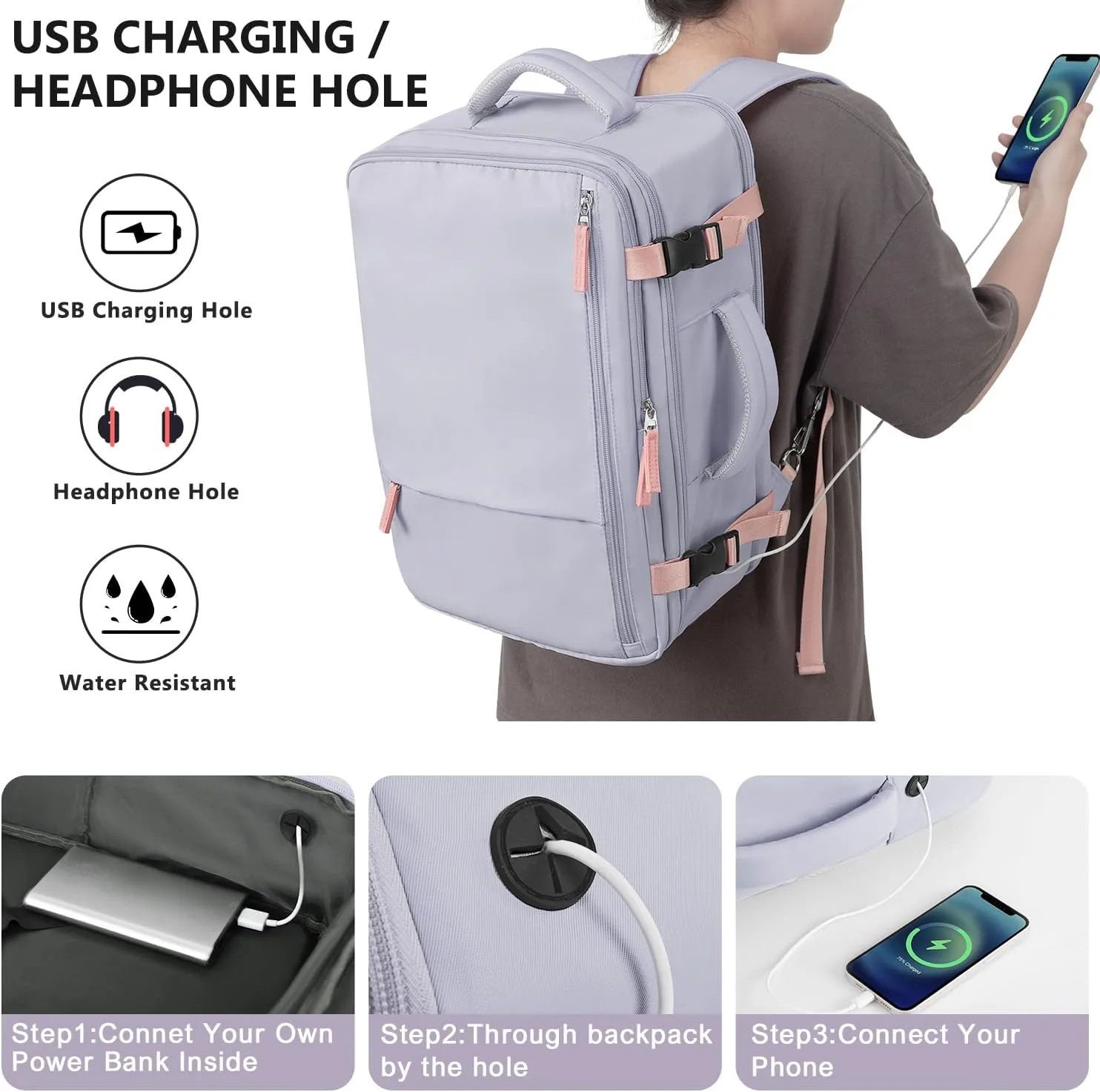 Reliable Travel Backpack Men Women, Carry On Backpack Personal Item Size, Waterproof College Backpack, Business Work Hiking Casual Bag, Fits 17.3" Laptop, Purple&Grey