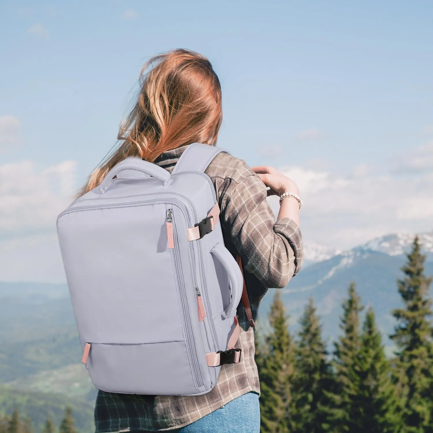 Reliable Travel Backpack Men Women, Carry On Backpack Personal Item Size, Waterproof College Backpack, Business Work Hiking Casual Bag, Fits 17.3" Laptop, Purple&Grey
