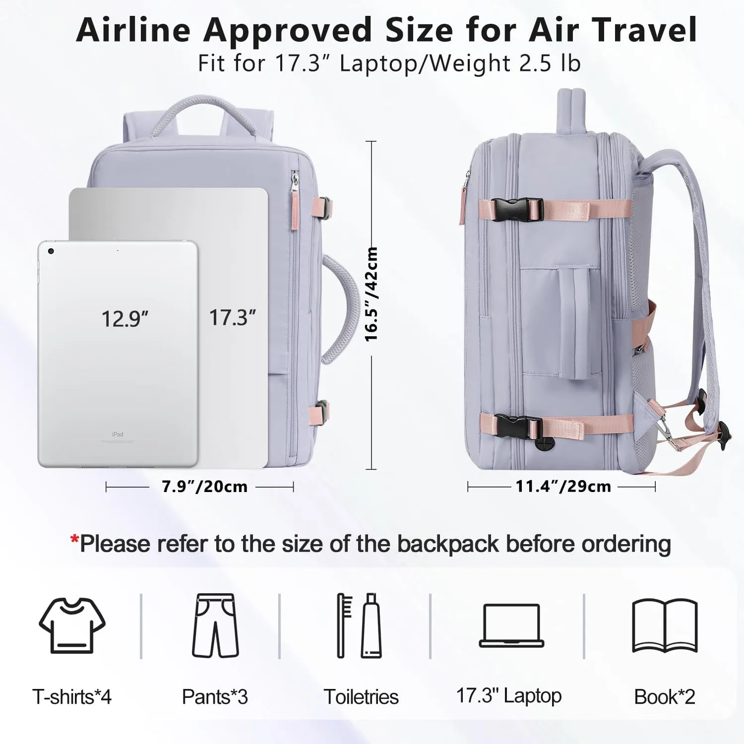 Reliable Travel Backpack Men Women, Carry On Backpack Personal Item Size, Waterproof College Backpack, Business Work Hiking Casual Bag, Fits 17.3" Laptop, Purple&Grey