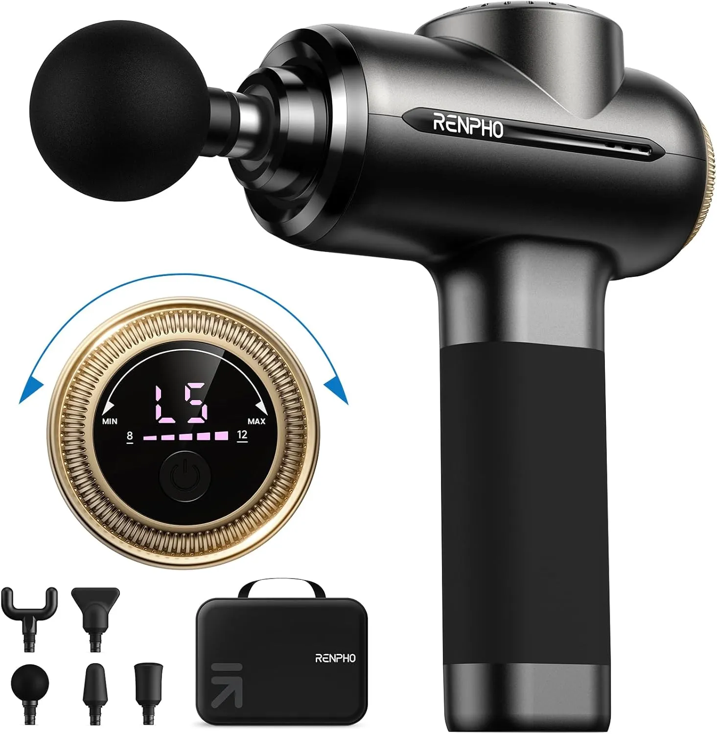RENPHO Massage Gun Deep Tissue with 8-12mm Adjustable Amplitude Heavy-Duty, FSA HSA Eligible, Percussion Professional Muscle Massager Gun with Portable Case for Athtetes & Home Use, Active EVO