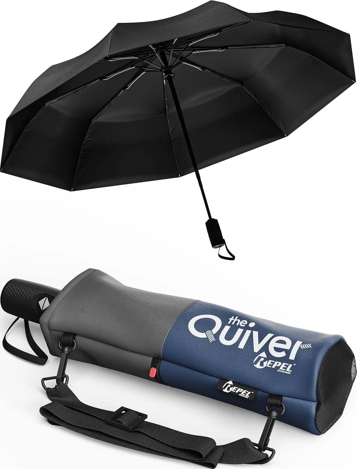 Repel Umbrella Black Umbrella With Over the Shoulder Carrying Case, Windproof Travel Umbrellas for Rain - Easy Auto Open Close, Strong Fiberglass Frame