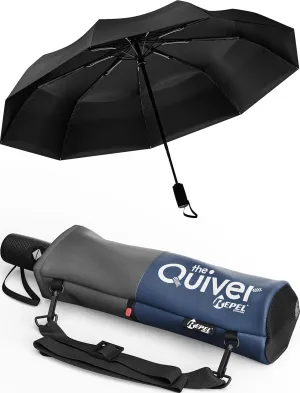 Repel Umbrella Black Umbrella With Over the Shoulder Carrying Case, Windproof Travel Umbrellas for Rain - Easy Auto Open Close, Strong Fiberglass Frame