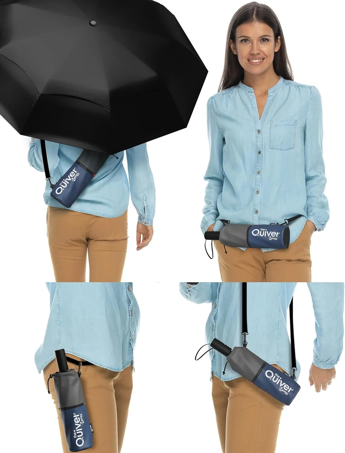 Repel Umbrella Black Umbrella With Over the Shoulder Carrying Case, Windproof Travel Umbrellas for Rain - Easy Auto Open Close, Strong Fiberglass Frame