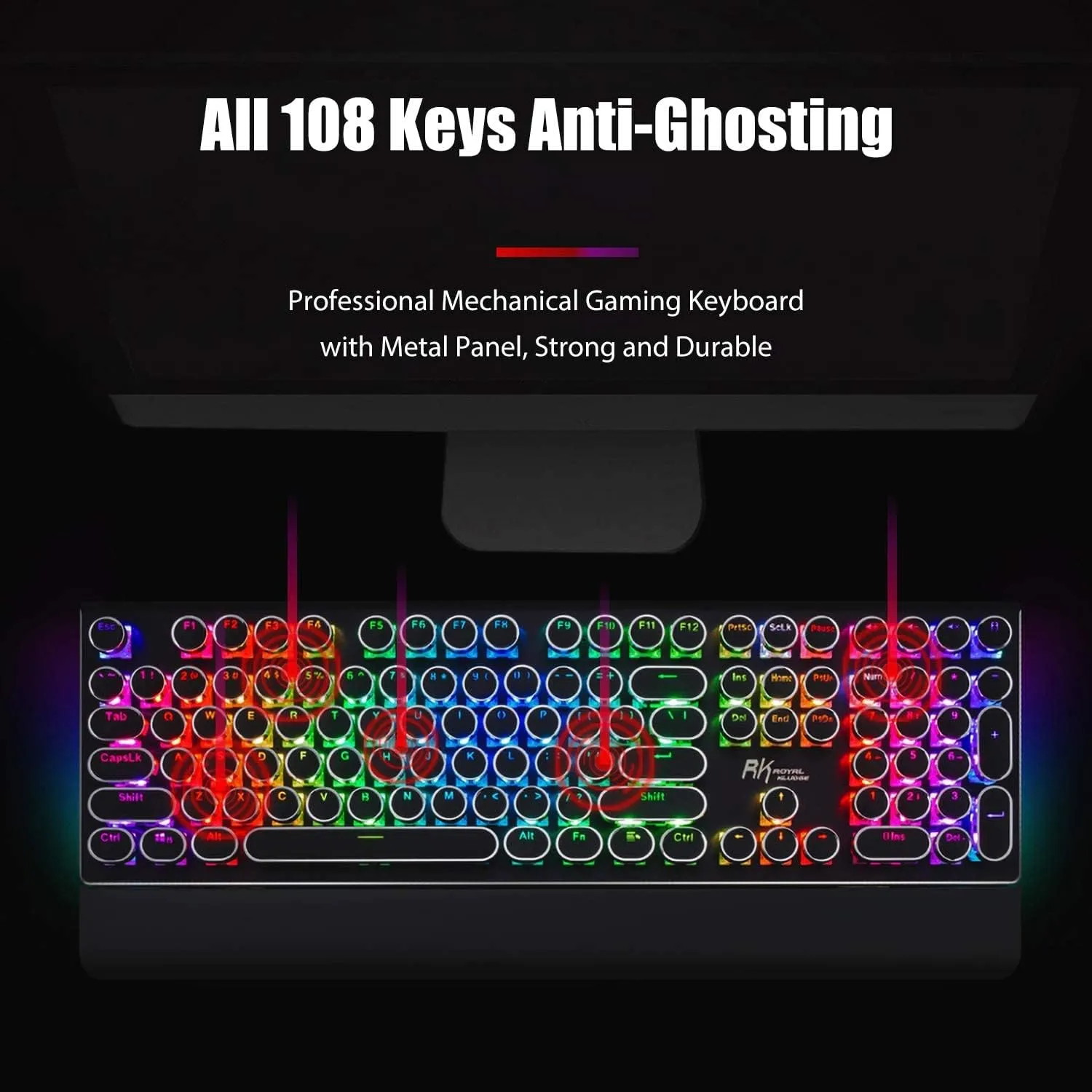 RK ROYAL KLUDGE S108 Typewriter Keyboard, Retro Mechanical Gaming Keyboard Wired 108 Keys with RGB Backlit Sidelight, Detachable Wrist Rest, Round Keycaps Blue Switches - Black