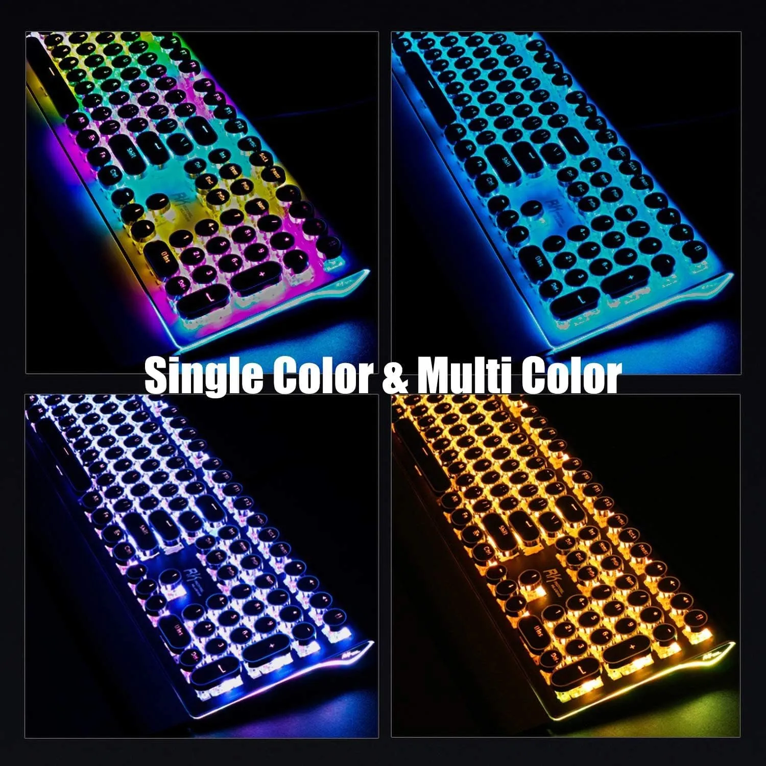 RK ROYAL KLUDGE S108 Typewriter Keyboard, Retro Mechanical Gaming Keyboard Wired 108 Keys with RGB Backlit Sidelight, Detachable Wrist Rest, Round Keycaps Blue Switches - Black