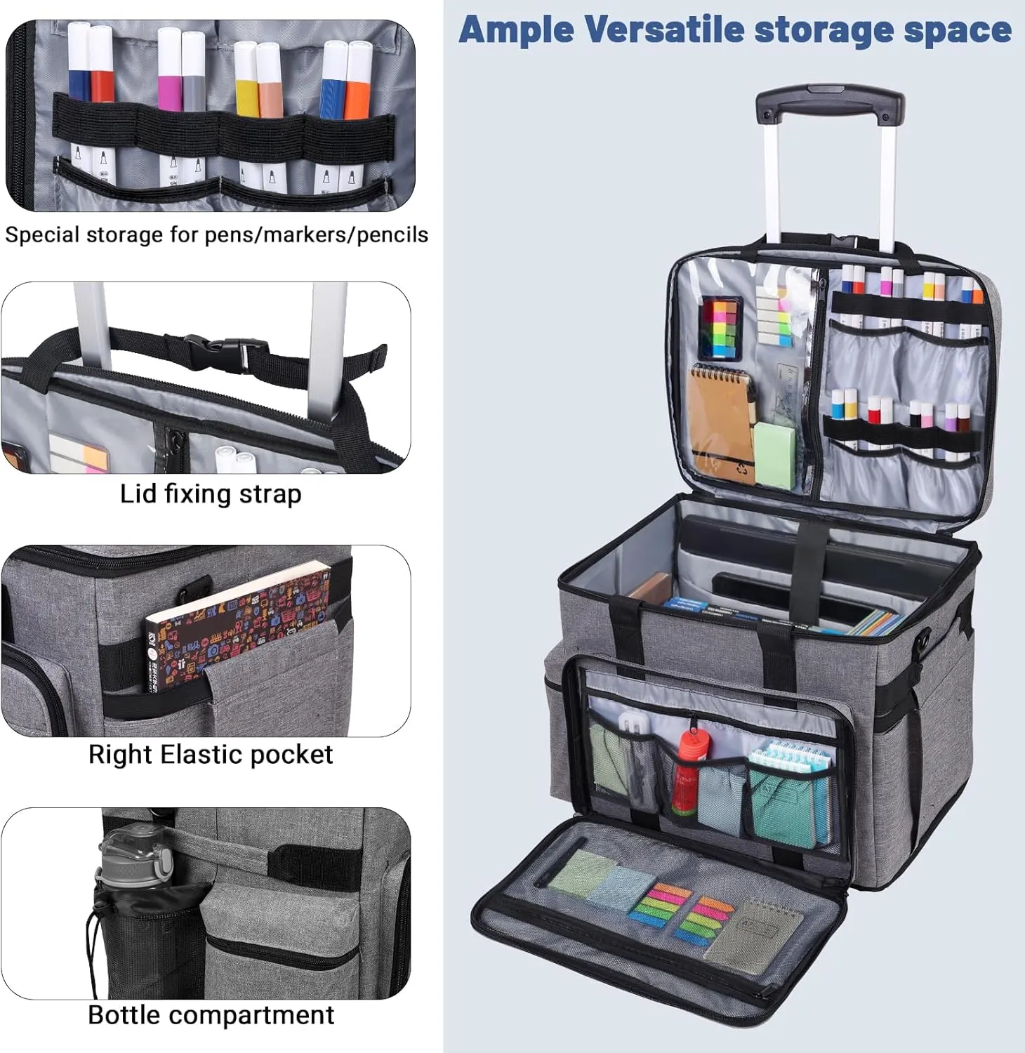 Rolling Teacher Bag, Rolling Briefcase with Detachable Trolley, Large capacity rolling bag with Laptop compartment, Adjustable Shoulder Strap, and Ample Storage Space