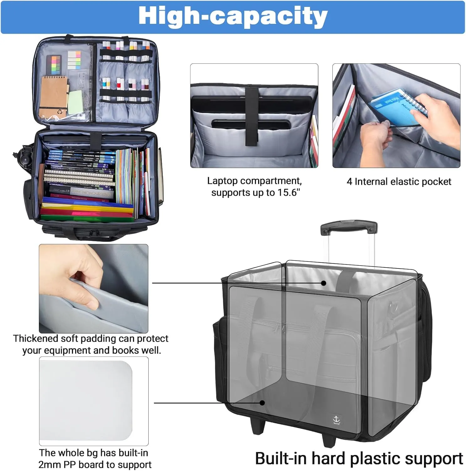 Rolling Teacher Bag, Rolling Briefcase with Detachable Trolley, Large capacity rolling bag with Laptop compartment, Adjustable Shoulder Strap, and Ample Storage Space