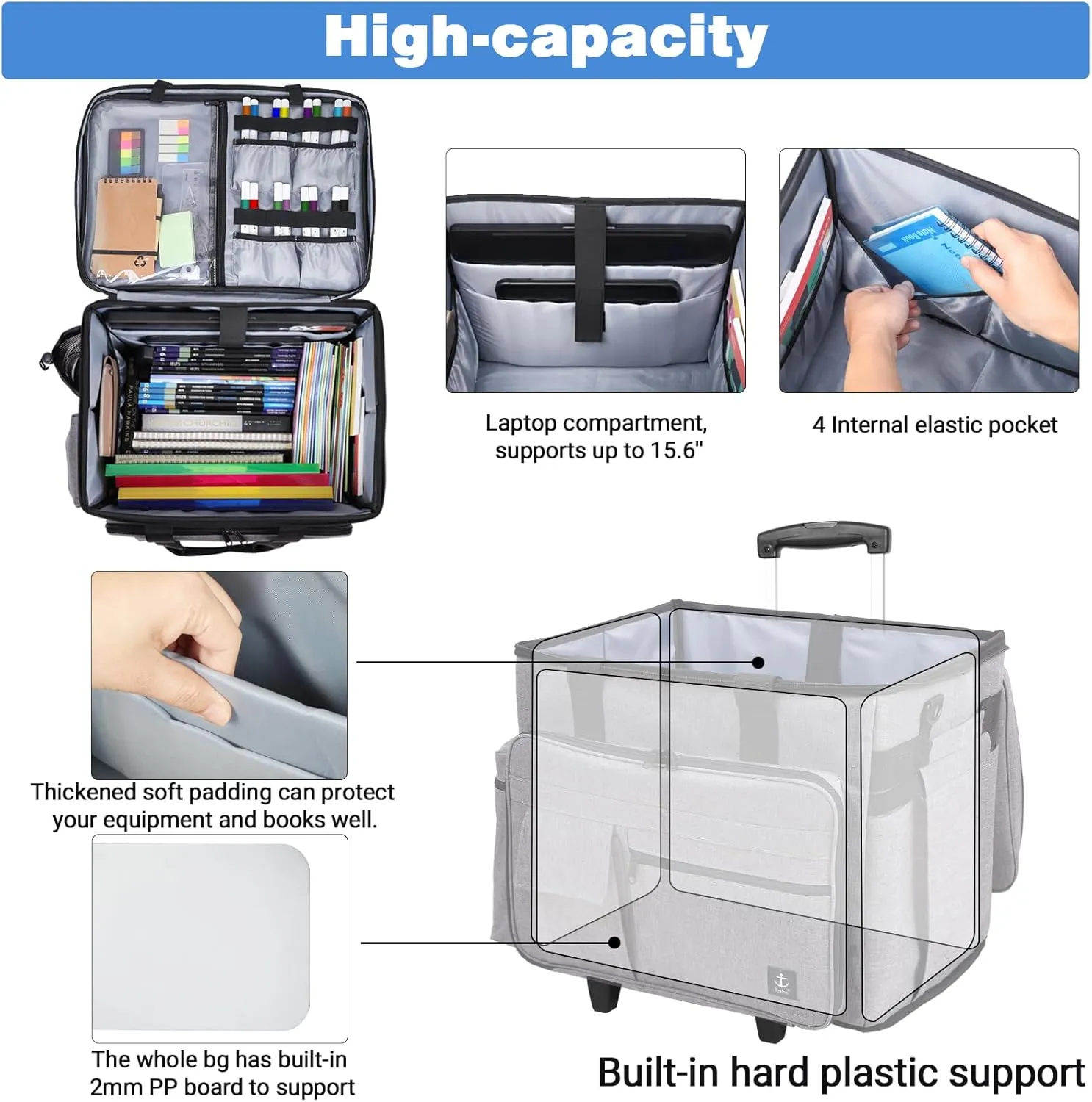 Rolling Teacher Bag, Rolling Briefcase with Detachable Trolley, Large capacity rolling bag with Laptop compartment, Adjustable Shoulder Strap, and Ample Storage Space