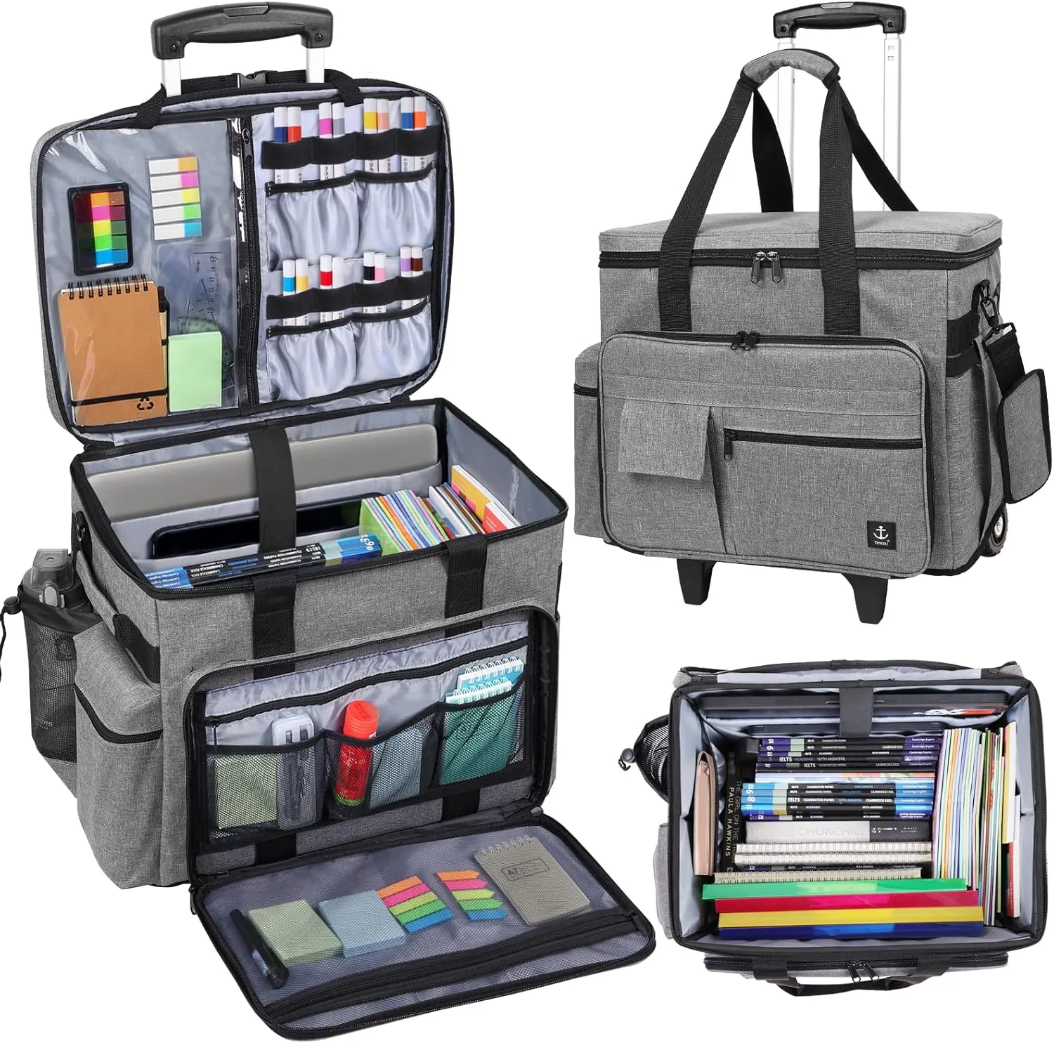 Rolling Teacher Bag, Rolling Briefcase with Detachable Trolley, Large capacity rolling bag with Laptop compartment, Adjustable Shoulder Strap, and Ample Storage Space