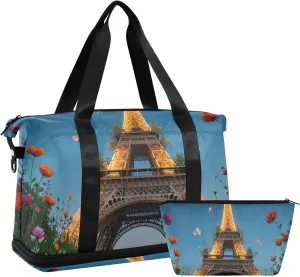 Romantic Parisian Iron Tower with Flowers Duffel Bags Sports Duffel Bags with Toiletry Bag for Business Trips Multifunctional