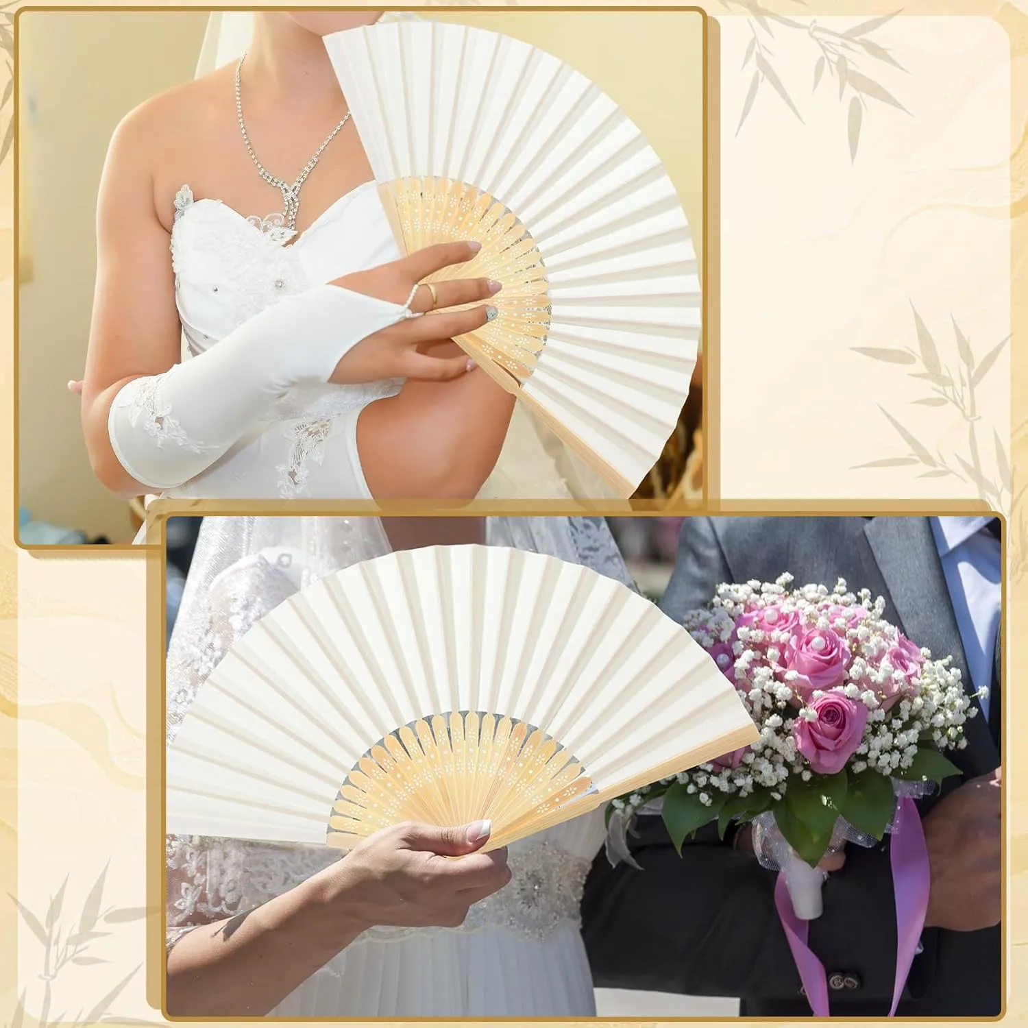 Roowest 50 Pack Handmade Paper Folding Fans with Gift Bags Thank You Card, Bamboo Handheld Folded Fan for Home DIY Office Decor Wedding Party Baby Shower Party Gift Accessories (Beige)