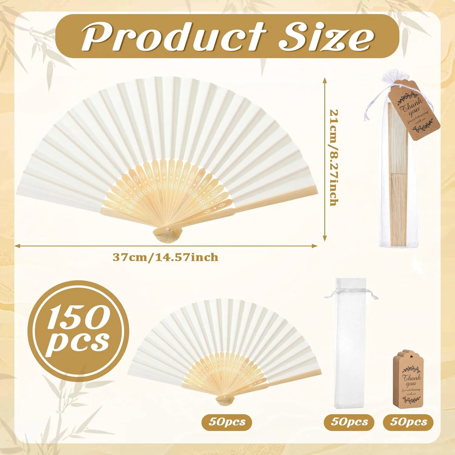 Roowest 50 Pack Handmade Paper Folding Fans with Gift Bags Thank You Card, Bamboo Handheld Folded Fan for Home DIY Office Decor Wedding Party Baby Shower Party Gift Accessories (Beige)