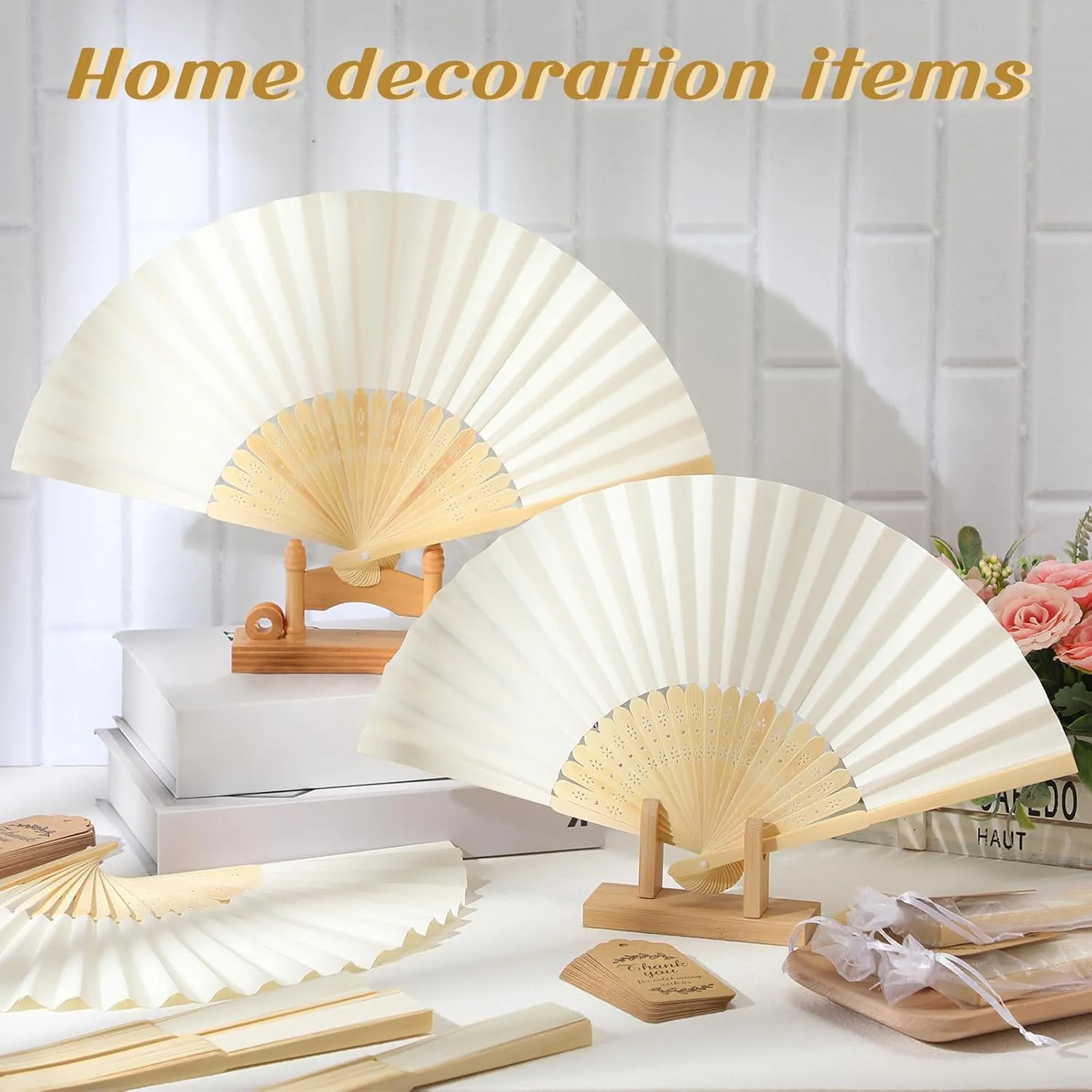 Roowest 50 Pack Handmade Paper Folding Fans with Gift Bags Thank You Card, Bamboo Handheld Folded Fan for Home DIY Office Decor Wedding Party Baby Shower Party Gift Accessories (Beige)