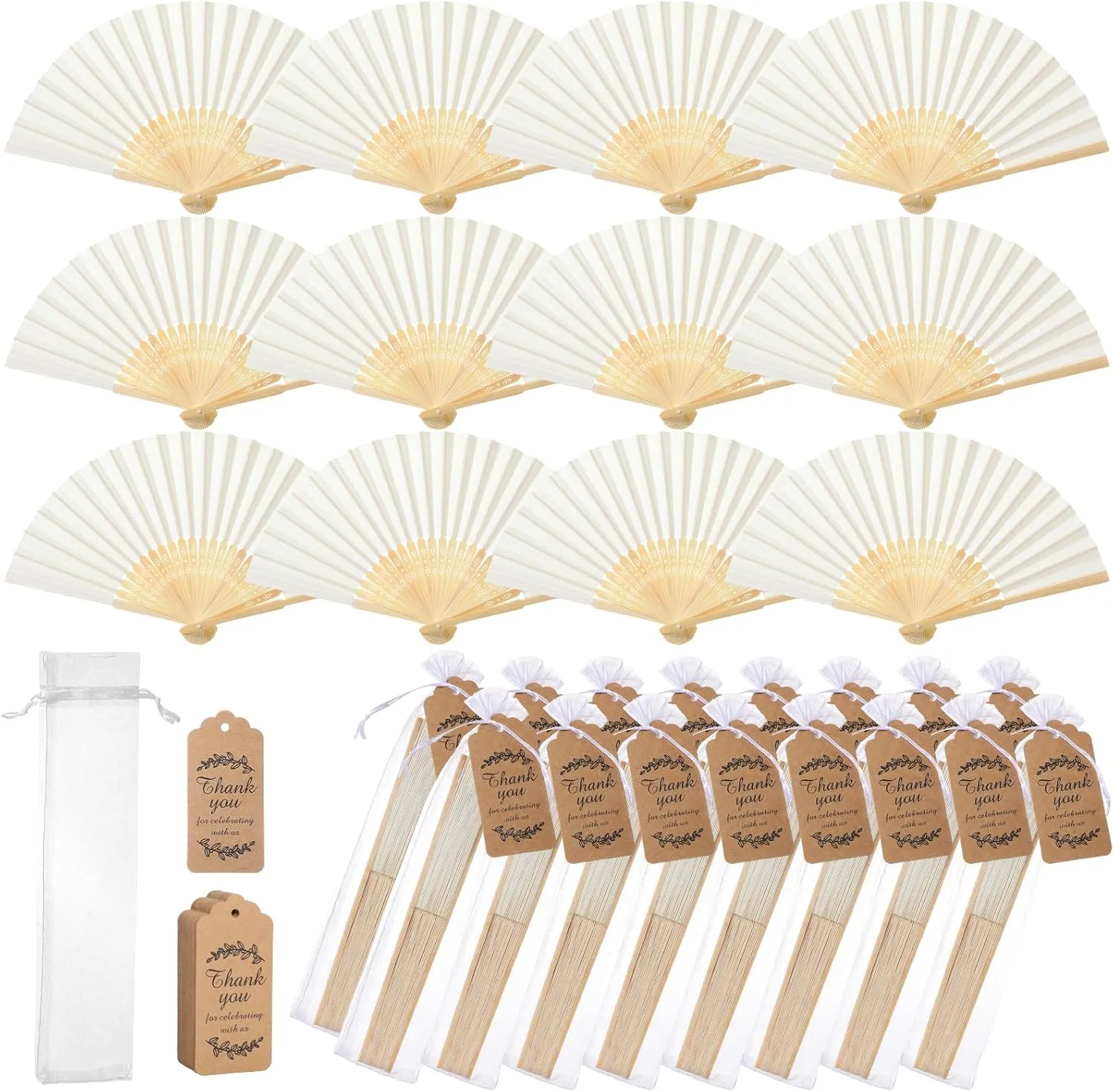 Roowest 50 Pack Handmade Paper Folding Fans with Gift Bags Thank You Card, Bamboo Handheld Folded Fan for Home DIY Office Decor Wedding Party Baby Shower Party Gift Accessories (Beige)