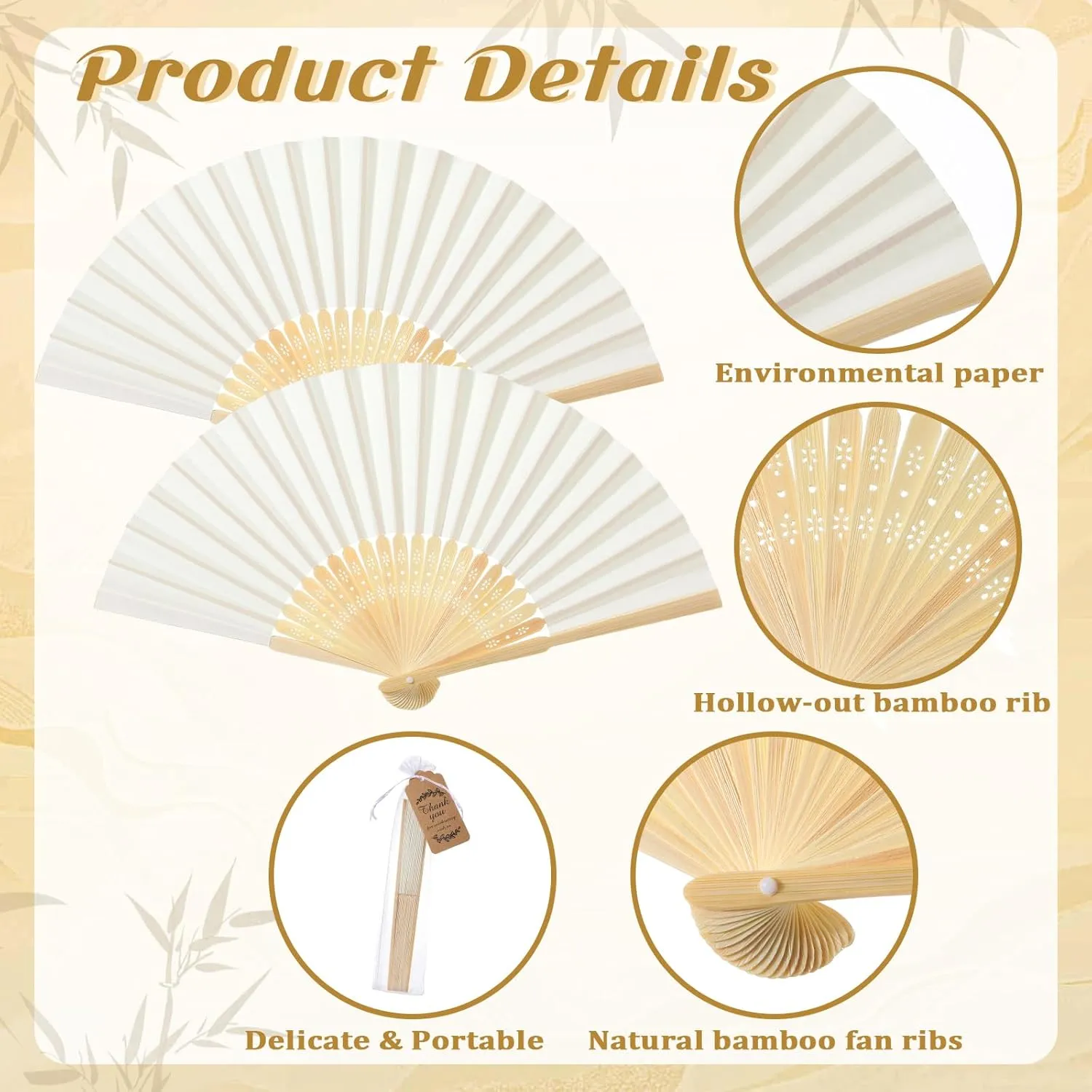Roowest 50 Pack Handmade Paper Folding Fans with Gift Bags Thank You Card, Bamboo Handheld Folded Fan for Home DIY Office Decor Wedding Party Baby Shower Party Gift Accessories (Beige)