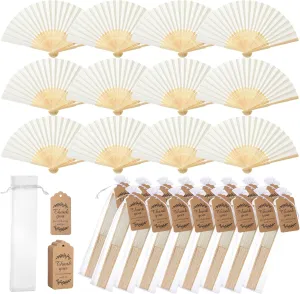 Roowest 50 Pack Handmade Paper Folding Fans with Gift Bags Thank You Card, Bamboo Handheld Folded Fan for Home DIY Office Decor Wedding Party Baby Shower Party Gift Accessories (Beige)