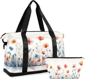Row Of Doodle Line Watercolor Flowers Growing Travel Duffel Bag Waterproof Gym Sport Tote Bag Carry On Weekender Bag with Compartment