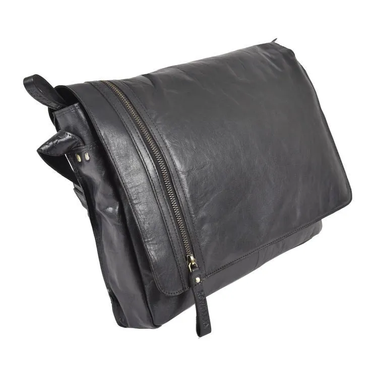 Rowallan Conquest Large Black Leather Messenger Bag