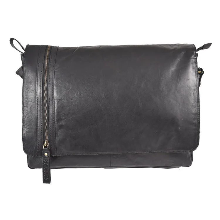 Rowallan Conquest Large Black Leather Messenger Bag