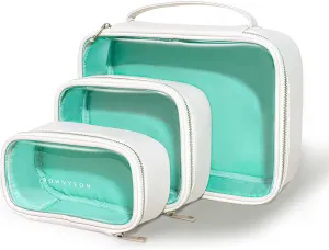 ROWNYEON Clear Makeup Bag Set of 3,Leather Waterproof Cosmetic Bag,Travel Makeup Bag for Women,Portable Toiletry Bag Train Case with Zipper Handle White