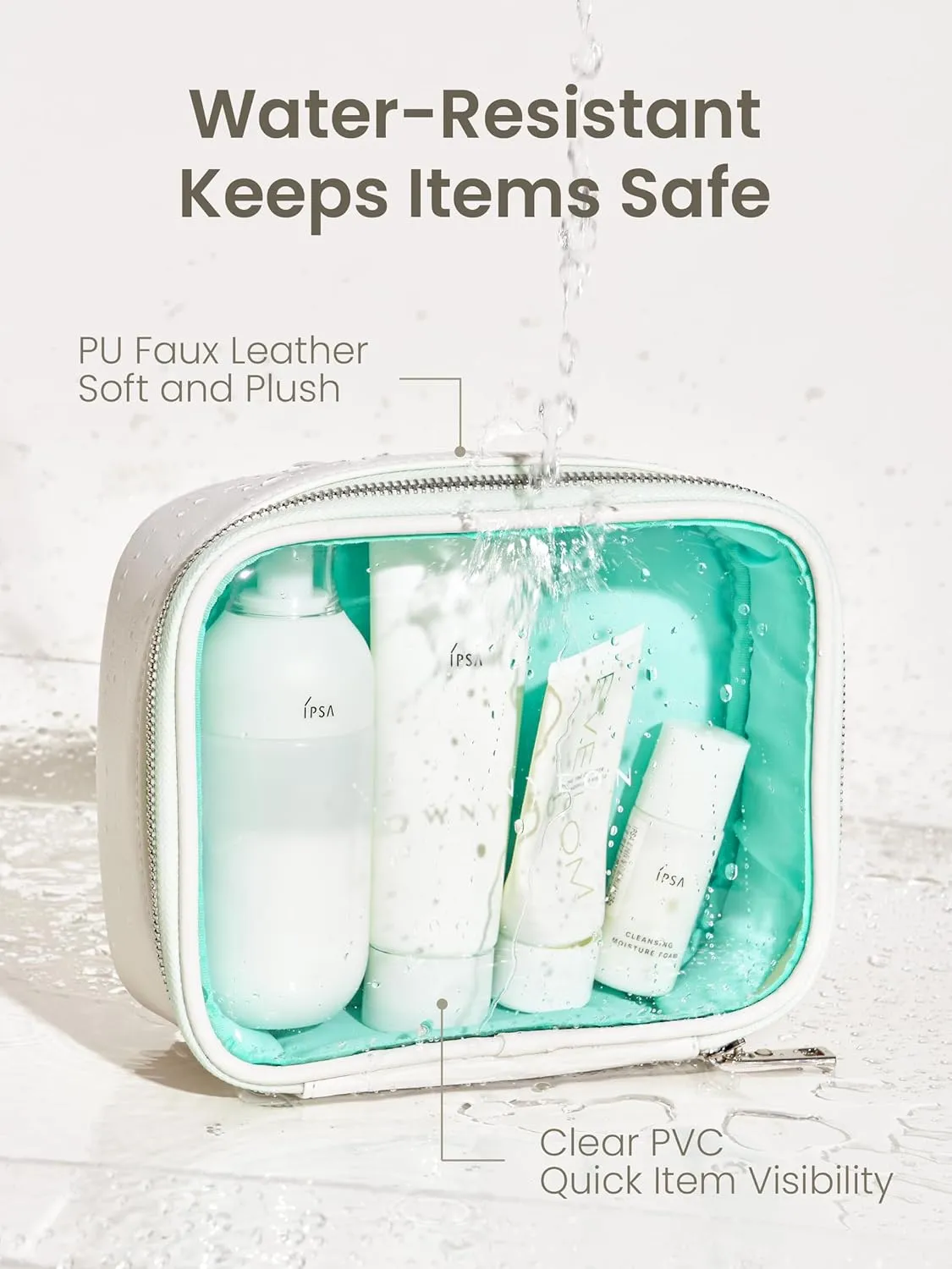 ROWNYEON Clear Makeup Bag Set of 3,Leather Waterproof Cosmetic Bag,Travel Makeup Bag for Women,Portable Toiletry Bag Train Case with Zipper Handle White