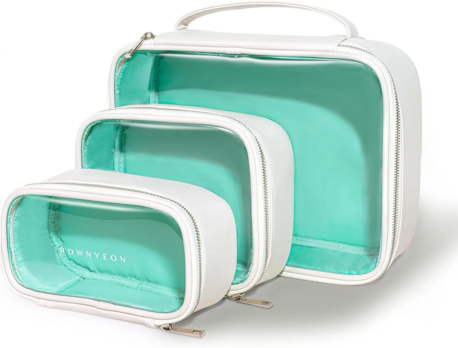 ROWNYEON Clear Makeup Bag Set of 3,Leather Waterproof Cosmetic Bag,Travel Makeup Bag for Women,Portable Toiletry Bag Train Case with Zipper Handle White