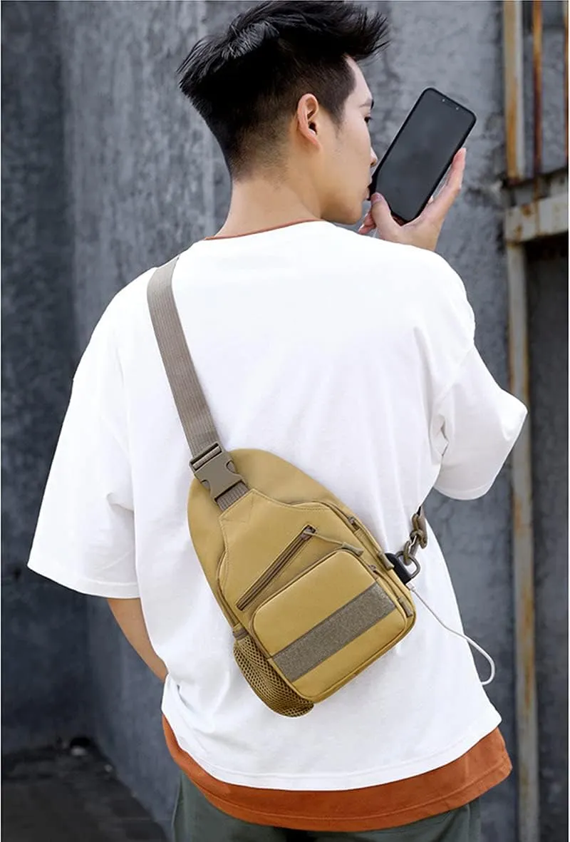 RTGGSEL Men's Camouflage Tactical Sling Shoulder Bags Travel Military MOLLE EDC Crossbody Chest Bag with USB Charging Port (Khaki)