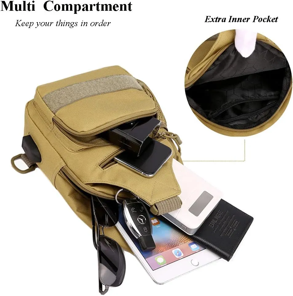 RTGGSEL Men's Camouflage Tactical Sling Shoulder Bags Travel Military MOLLE EDC Crossbody Chest Bag with USB Charging Port (Khaki)