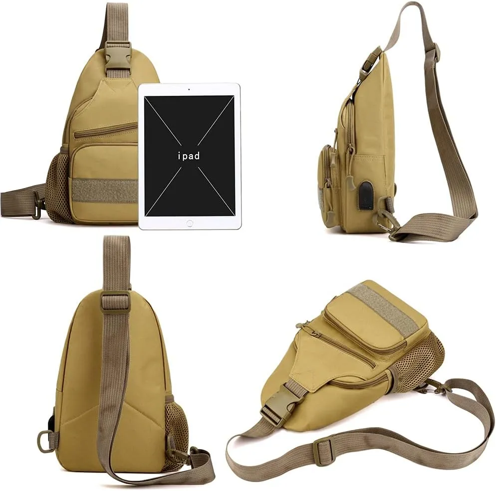 RTGGSEL Men's Camouflage Tactical Sling Shoulder Bags Travel Military MOLLE EDC Crossbody Chest Bag with USB Charging Port (Khaki)
