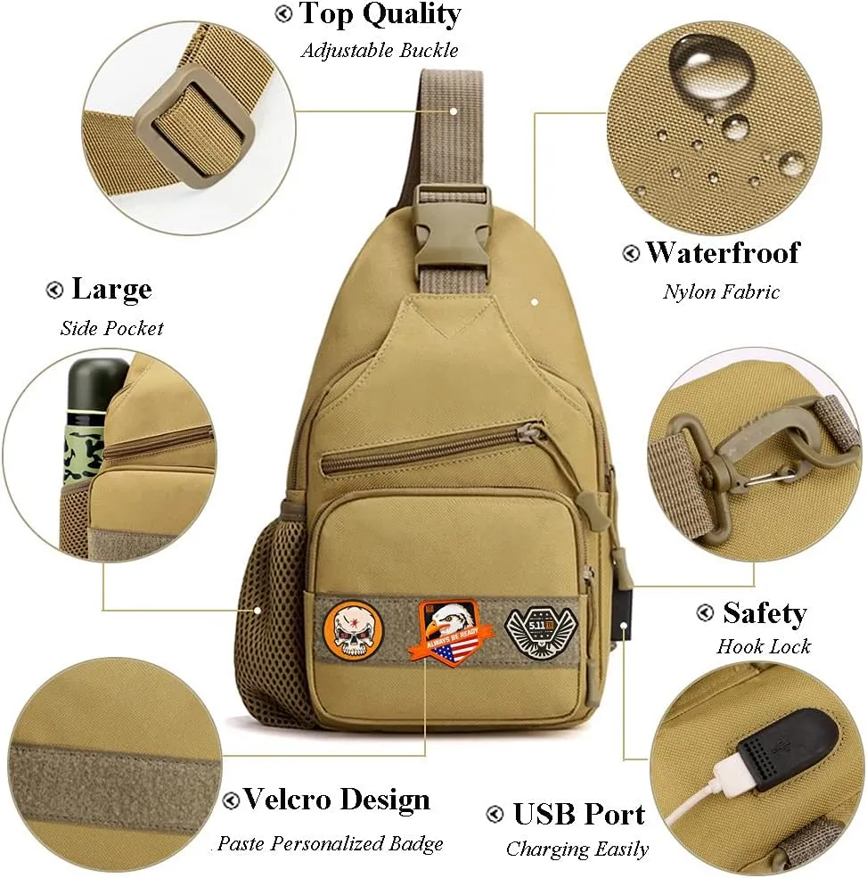 RTGGSEL Men's Camouflage Tactical Sling Shoulder Bags Travel Military MOLLE EDC Crossbody Chest Bag with USB Charging Port (Khaki)