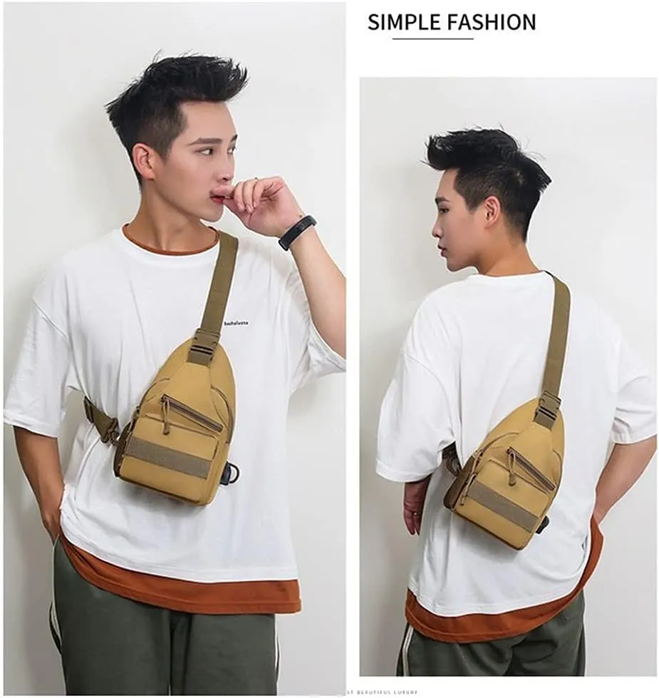 RTGGSEL Men's Camouflage Tactical Sling Shoulder Bags Travel Military MOLLE EDC Crossbody Chest Bag with USB Charging Port (Khaki)