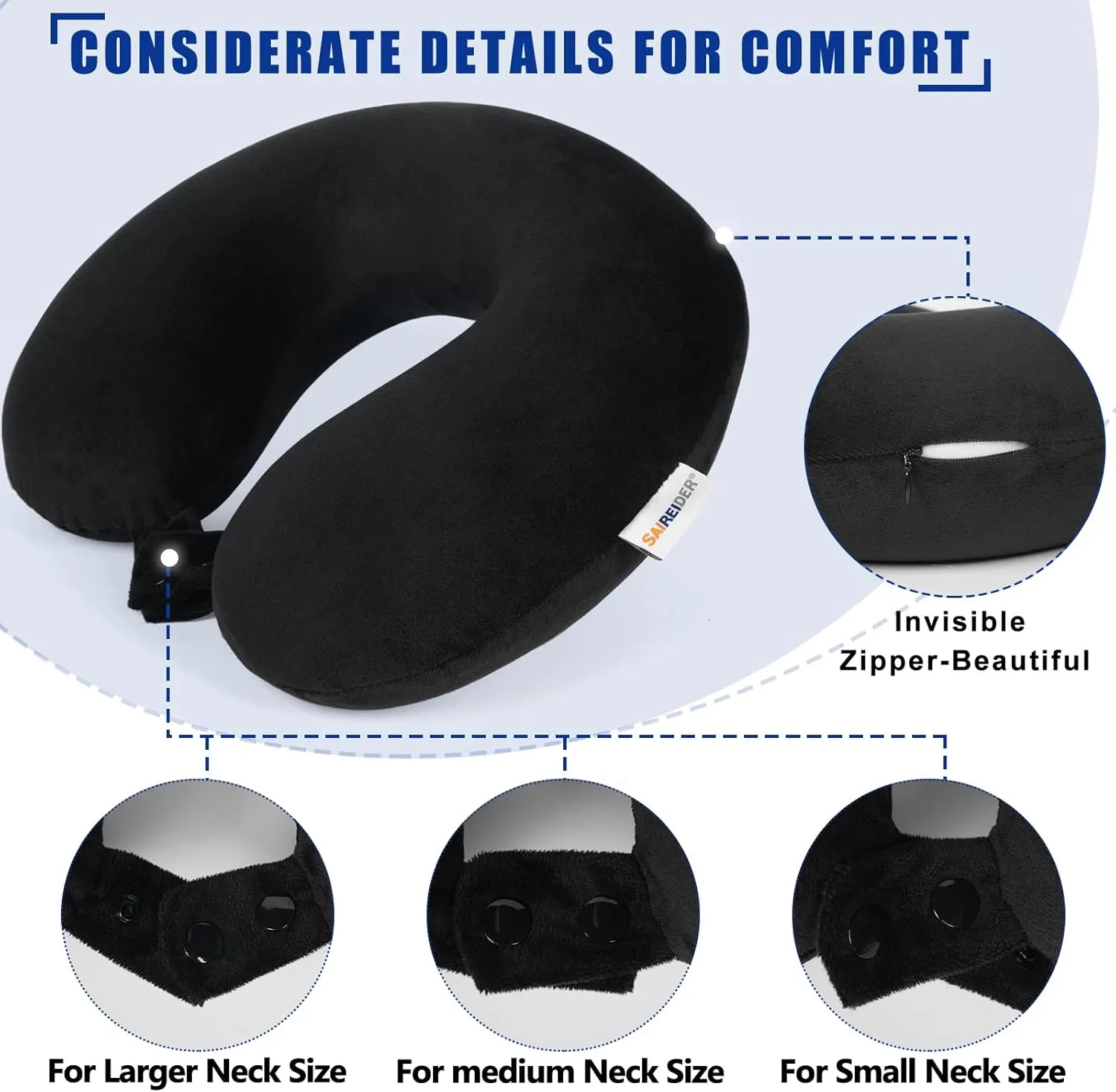 SAIREIDER Neck Pillows for Travel 100% Memory Foam Adjustable Travel Pillows with Storage Bag, Sleep Mask and Earplugs-Prevent The Heads from Falling Forward (Black)