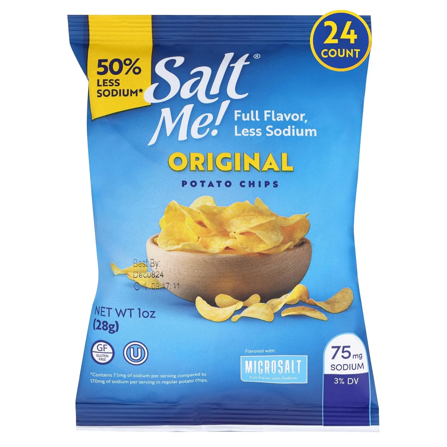 SaltMe! Original Potato Chips - 24 count 1oz Bags - 50% Less Sodium, Kosher, Non-GMO, Gluten Free - Less Salt, Great Flavor