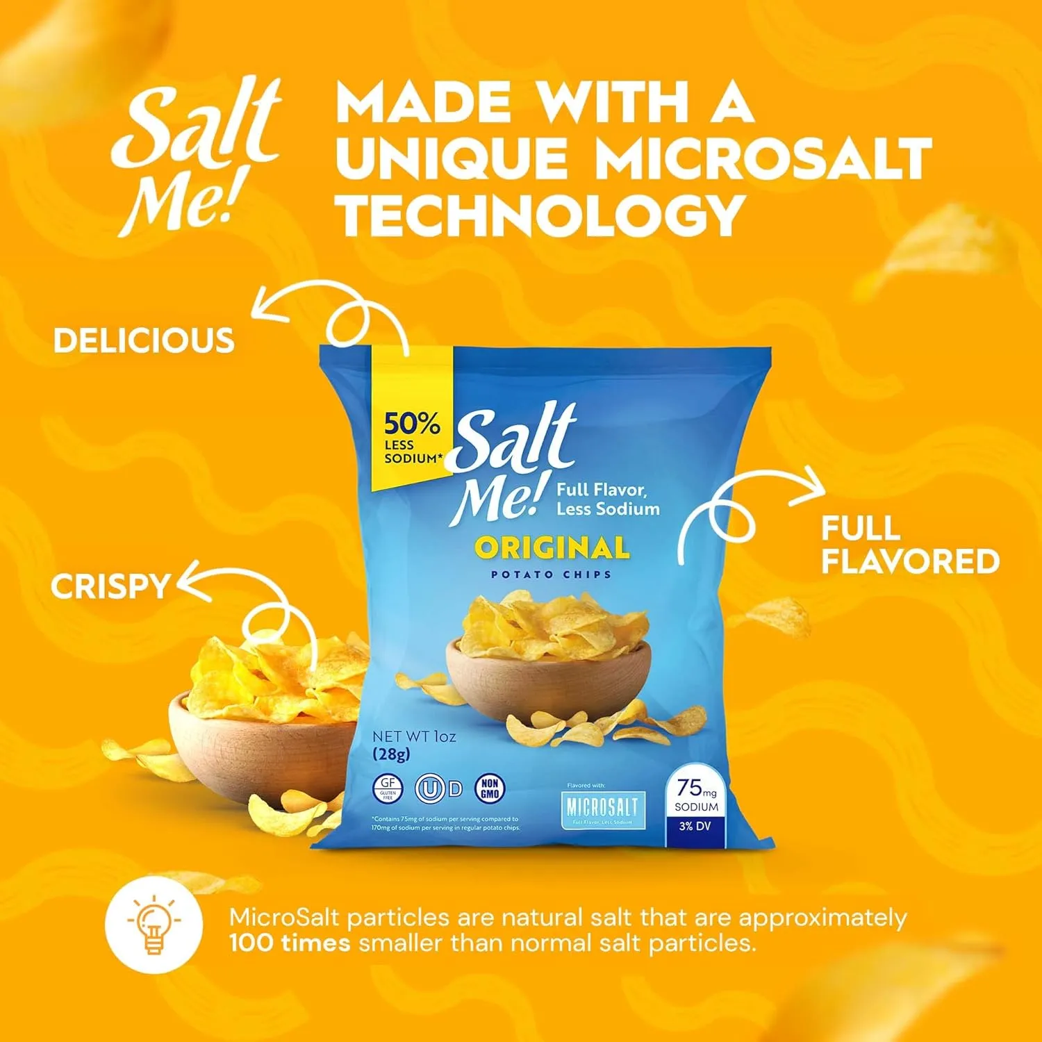 SaltMe! Original Potato Chips - 24 count 1oz Bags - 50% Less Sodium, Kosher, Non-GMO, Gluten Free - Less Salt, Great Flavor