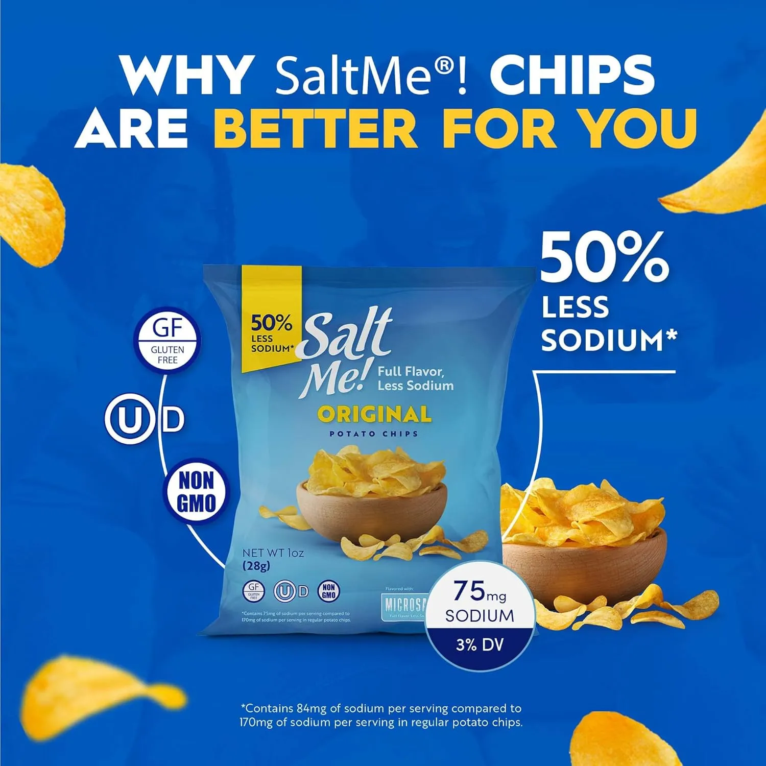 SaltMe! Original Potato Chips - 24 count 1oz Bags - 50% Less Sodium, Kosher, Non-GMO, Gluten Free - Less Salt, Great Flavor