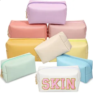 Sanwuta 9 Pcs Makeup Bags PU Double Zippers Cosmetic Bag Makeup Toiletry Pouch Bulk Portable Travel Organizers Case for Women Bachelorette Party End of the Year Graduation Gift(Macaron Colors)
