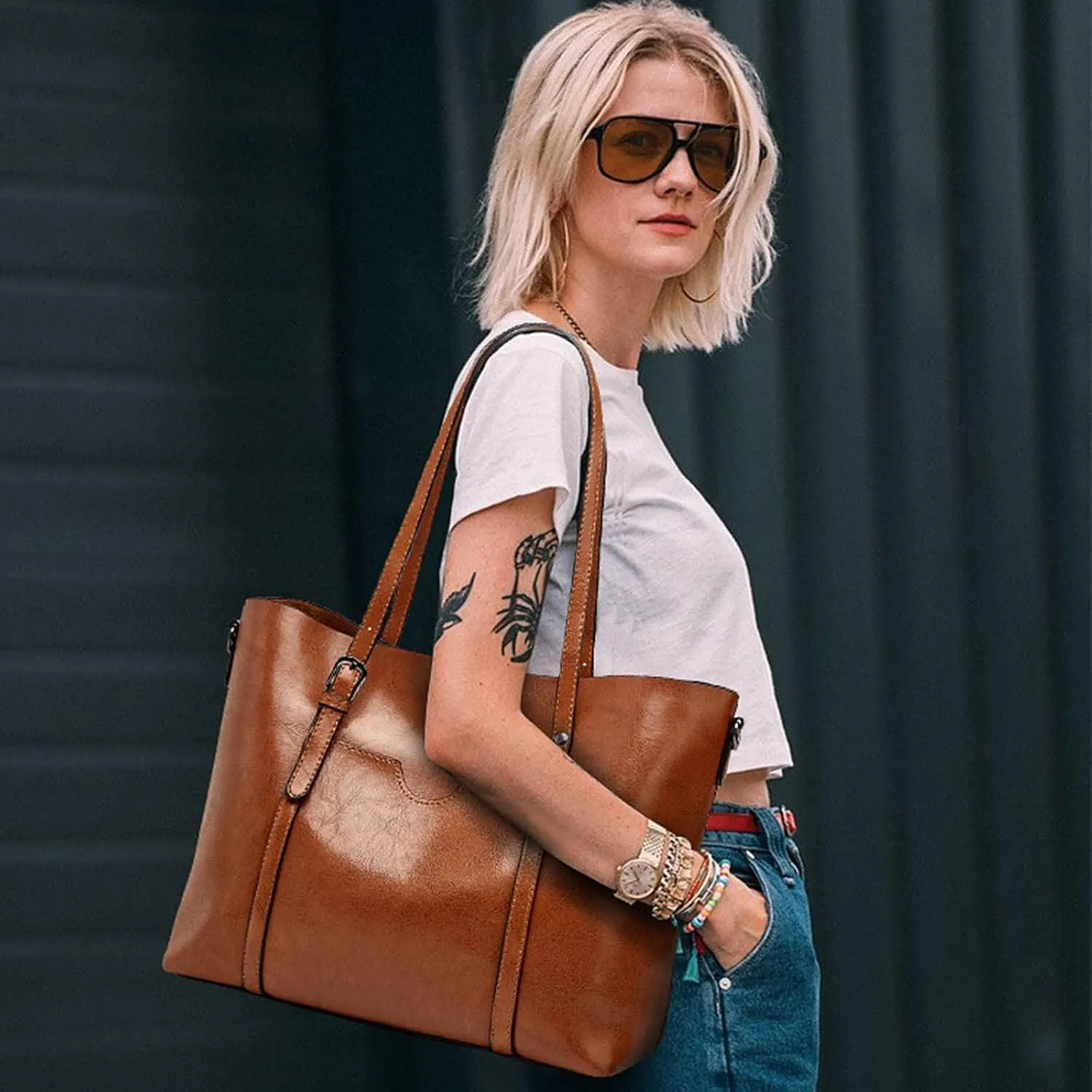 Satchel,Women's Fashion Handbags Tote Bags Shoulder Bag Top Handle Satchel Purse Set 4pcs Wallet Bag PU Leather Large Bag 2024 Black