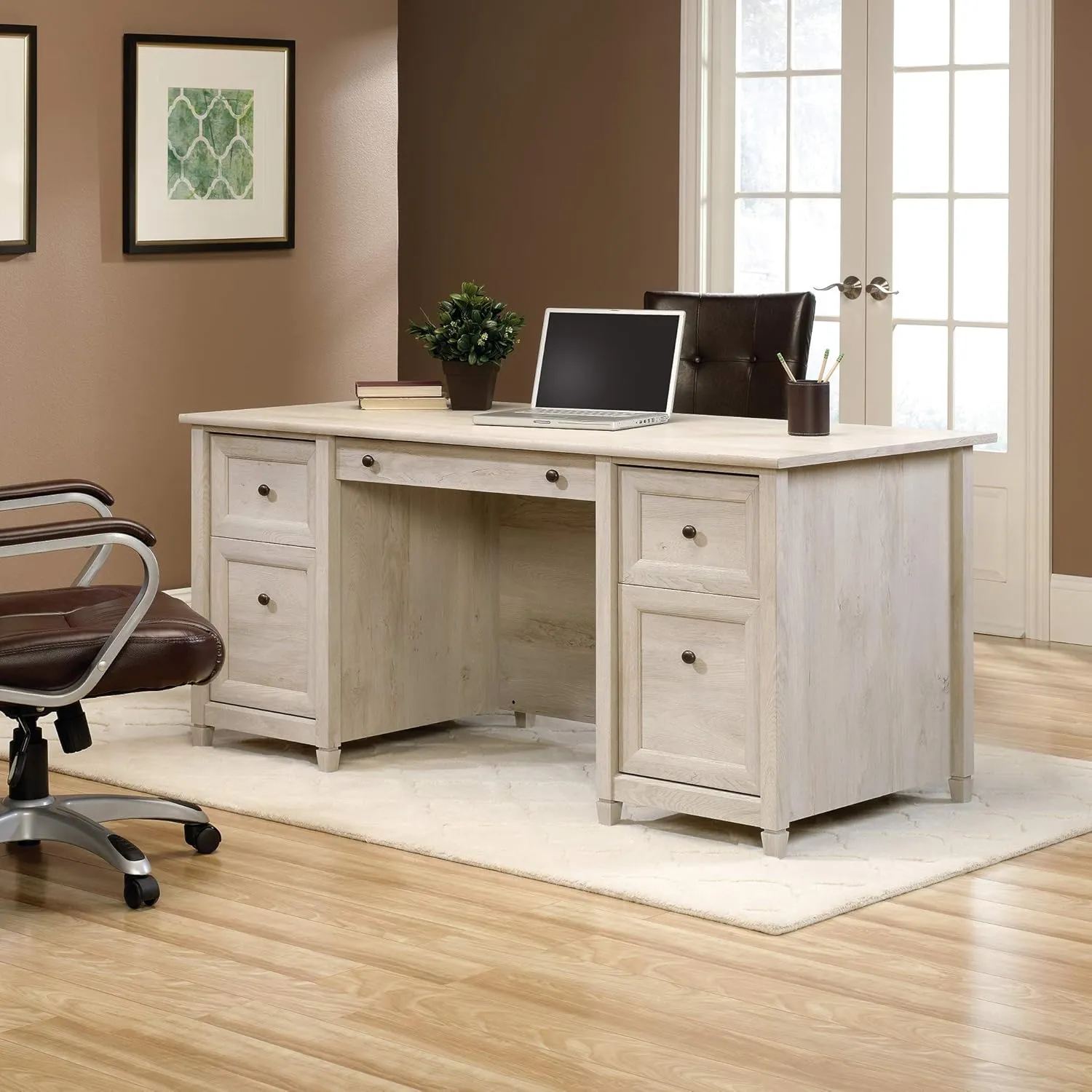 Sauder Edge Water Executive Desk, Chalked Chestnut, 65" Home Office Desk with Storage